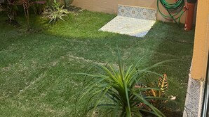 A small, well-maintained garden with a variety of plants and a tiled area. - Vacation Rental for Carnival - Furnished Apartment" "Carnival 2026 (salvador)