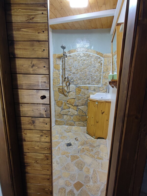 Hair dryer, towels, soap, toilet paper