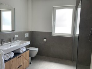 Regadera, secadora de cabello, toallas, jabón 