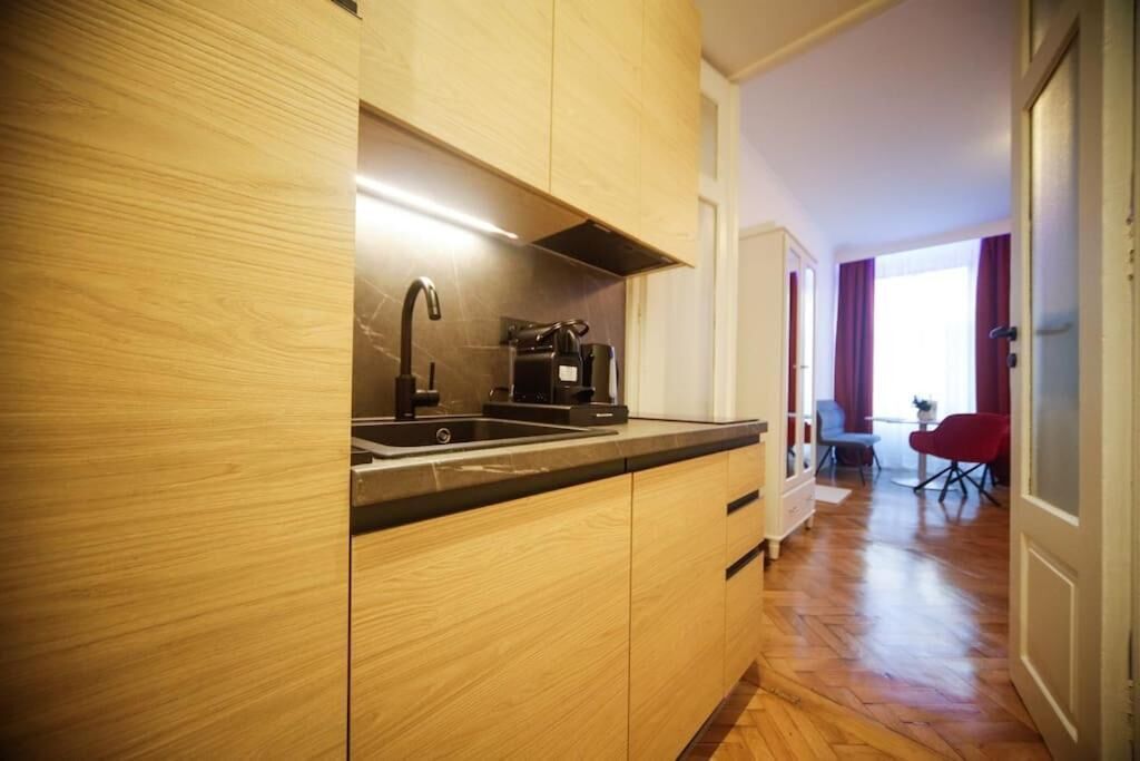 A compact kitchen with wooden cabinets, a black countertop, and a coffee machine.