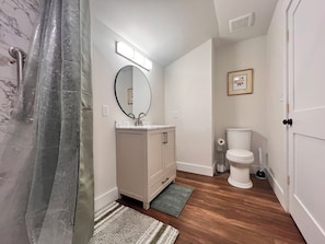 Hair dryer, towels, toilet paper