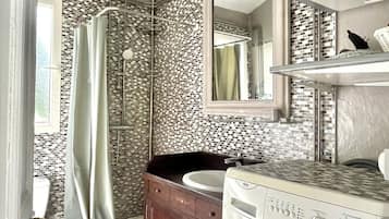Shower, hair dryer, toilet paper