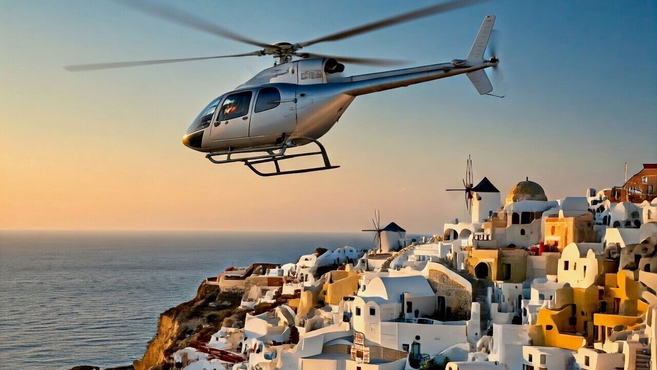 A helicopter flying over a coastal village with white-washed buildings and a windmill.