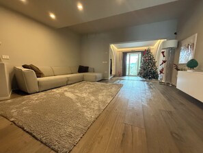 Smart-tv, eldstad, böcker och en stereo