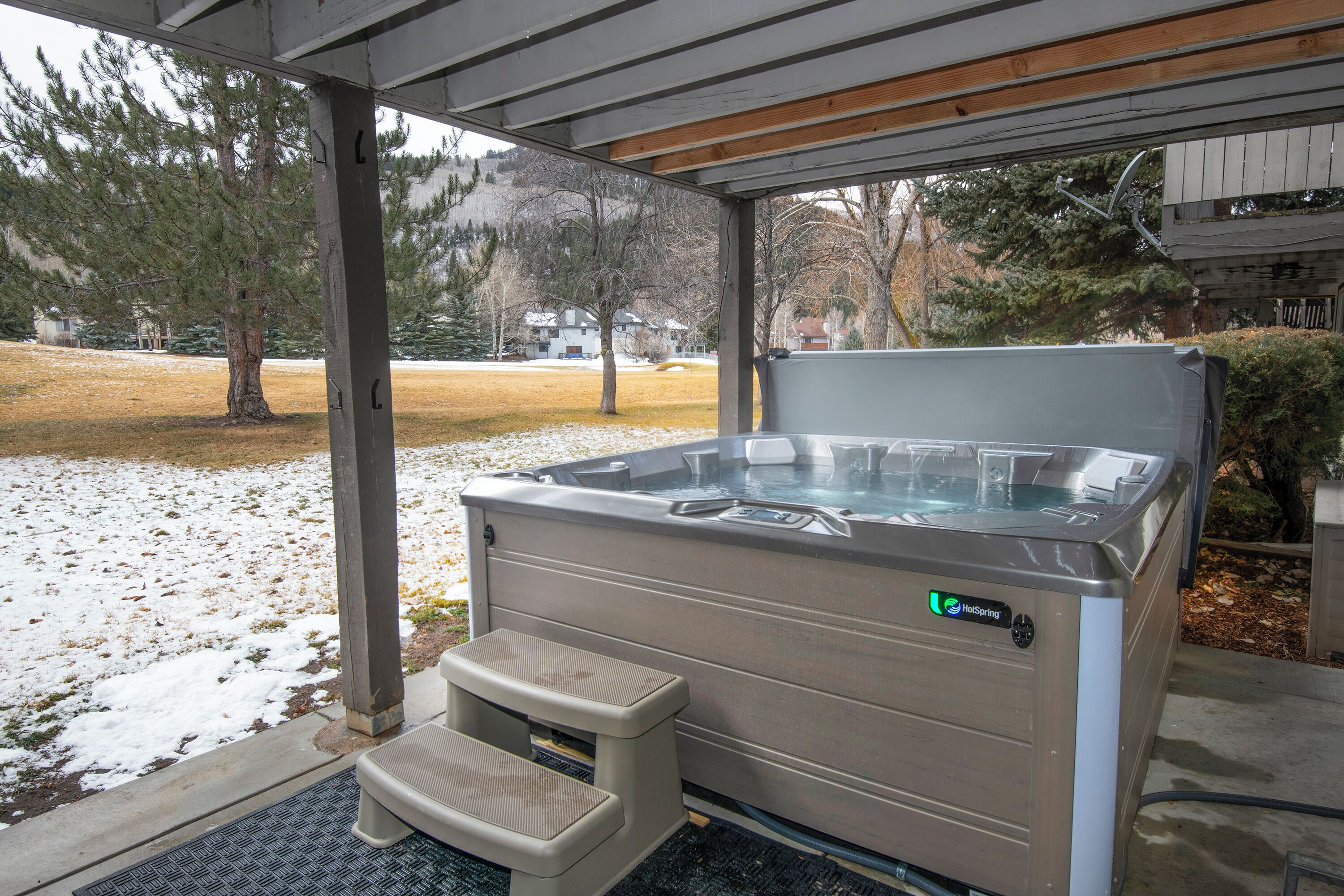 A hot tub under a covered area with a step for access, surrounded by a snowy landscape and trees.