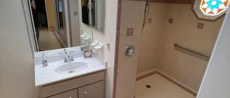 Shower, hair dryer, bidet, towels