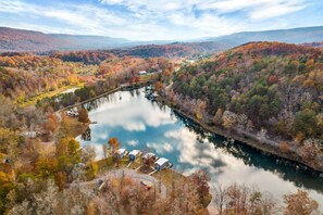 Aerial view - NEW - 2 cabins - one with hot tub & one lakefront fishing - great for larger groups (Rising Fawn)