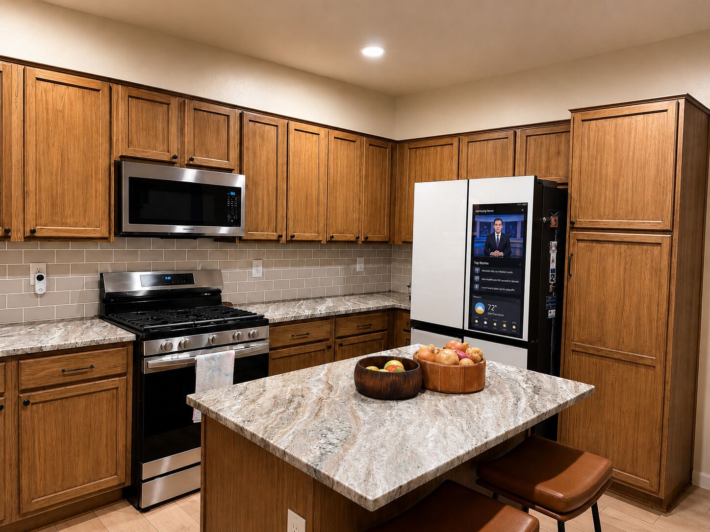 A kitchen with wooden cabinets, a stainless steel microwave, a stove, a refrigerator, and a marble countertop with a bowl of fruit.