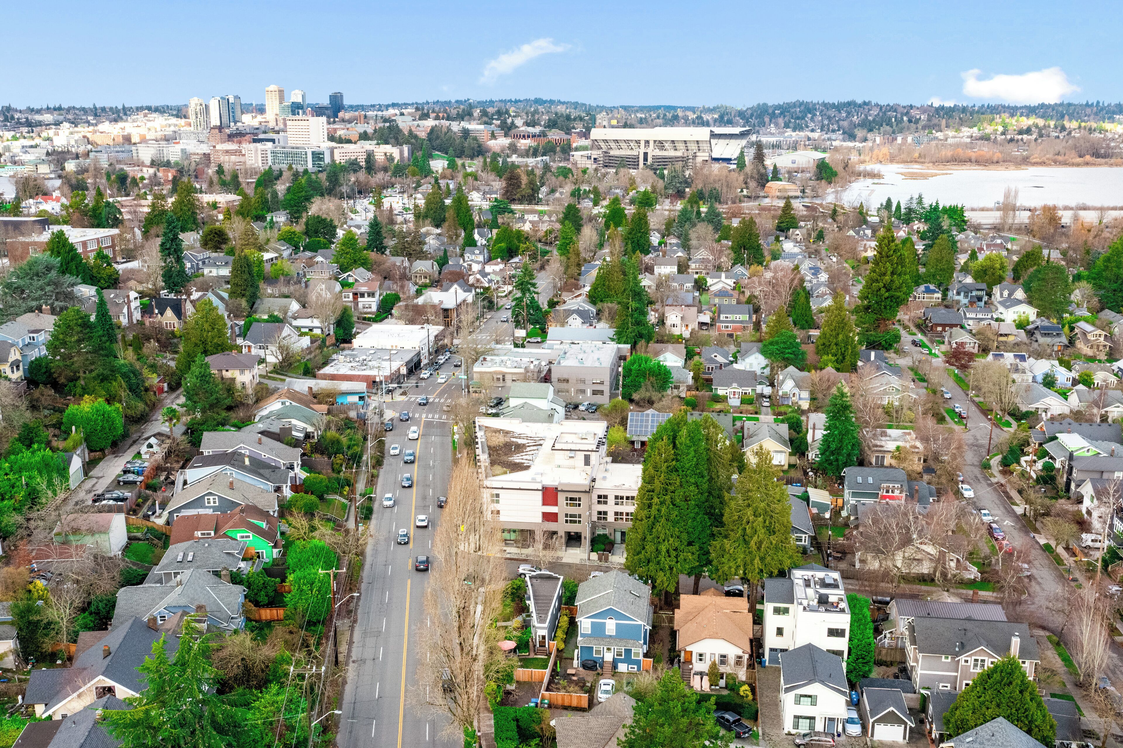 An aerial view of a residential area with houses, roads, and a large body of water in the background.