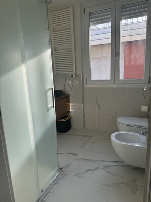 Secadora de cabello, bidet, toallas, jabón 