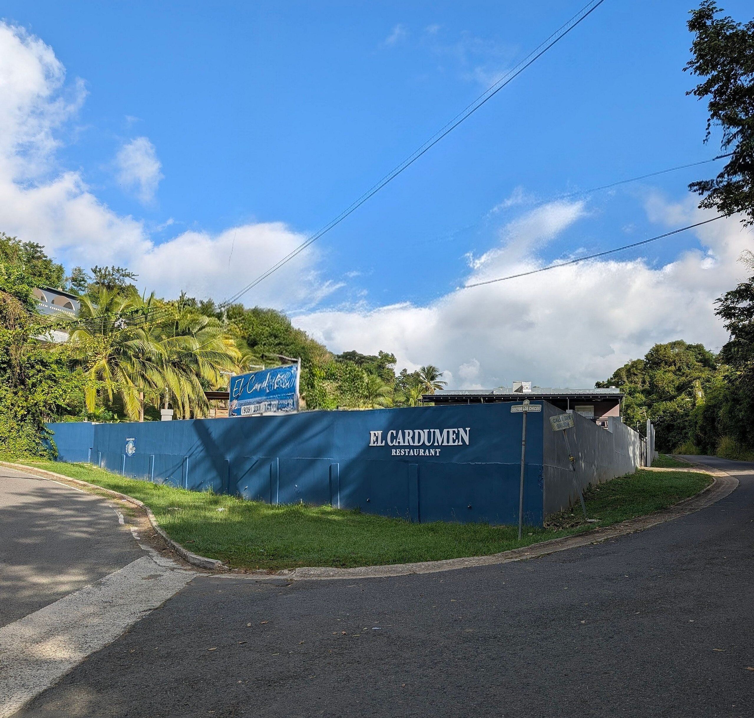 A blue wall with 'EL CARDUMEN RESTAURANT' signage, a clear sky, and a road curving to the right.