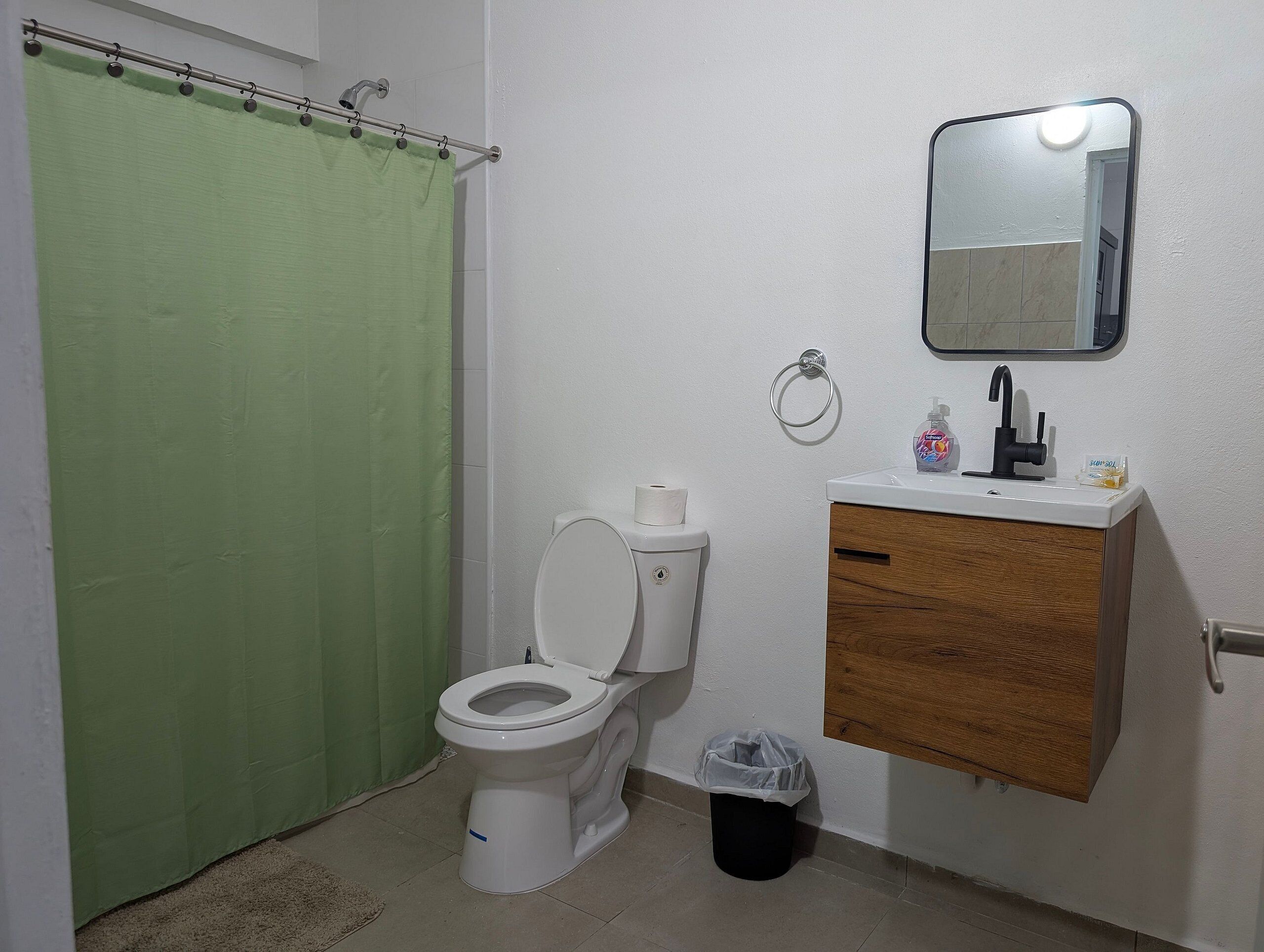 A bathroom with a toilet, a sink with a mirror, a green shower curtain, and a trash bin.