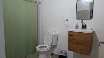 A bathroom with a toilet, a sink with a mirror, a green shower curtain, and a trash bin.