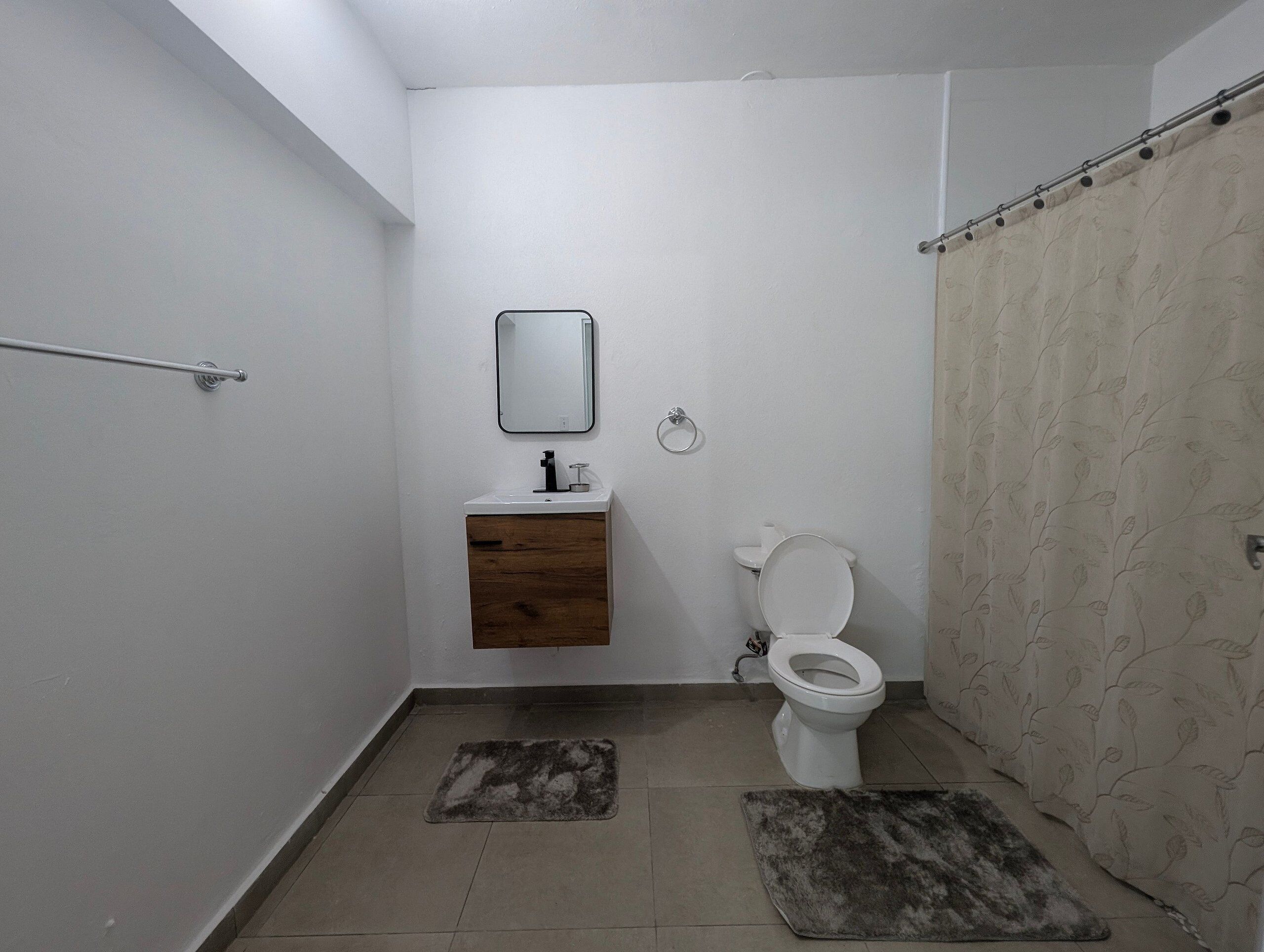 A bathroom with a toilet, sink, mirror, and shower curtain.