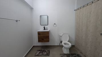 A bathroom with a toilet, sink, mirror, and shower curtain.