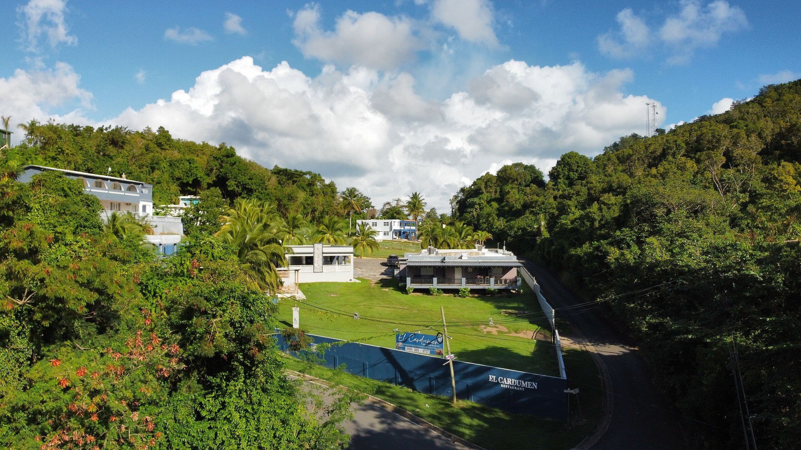 A restaurant with a view of a lush green landscape and a clear sky.