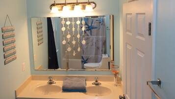 Hair dryer, towels, soap, shampoo