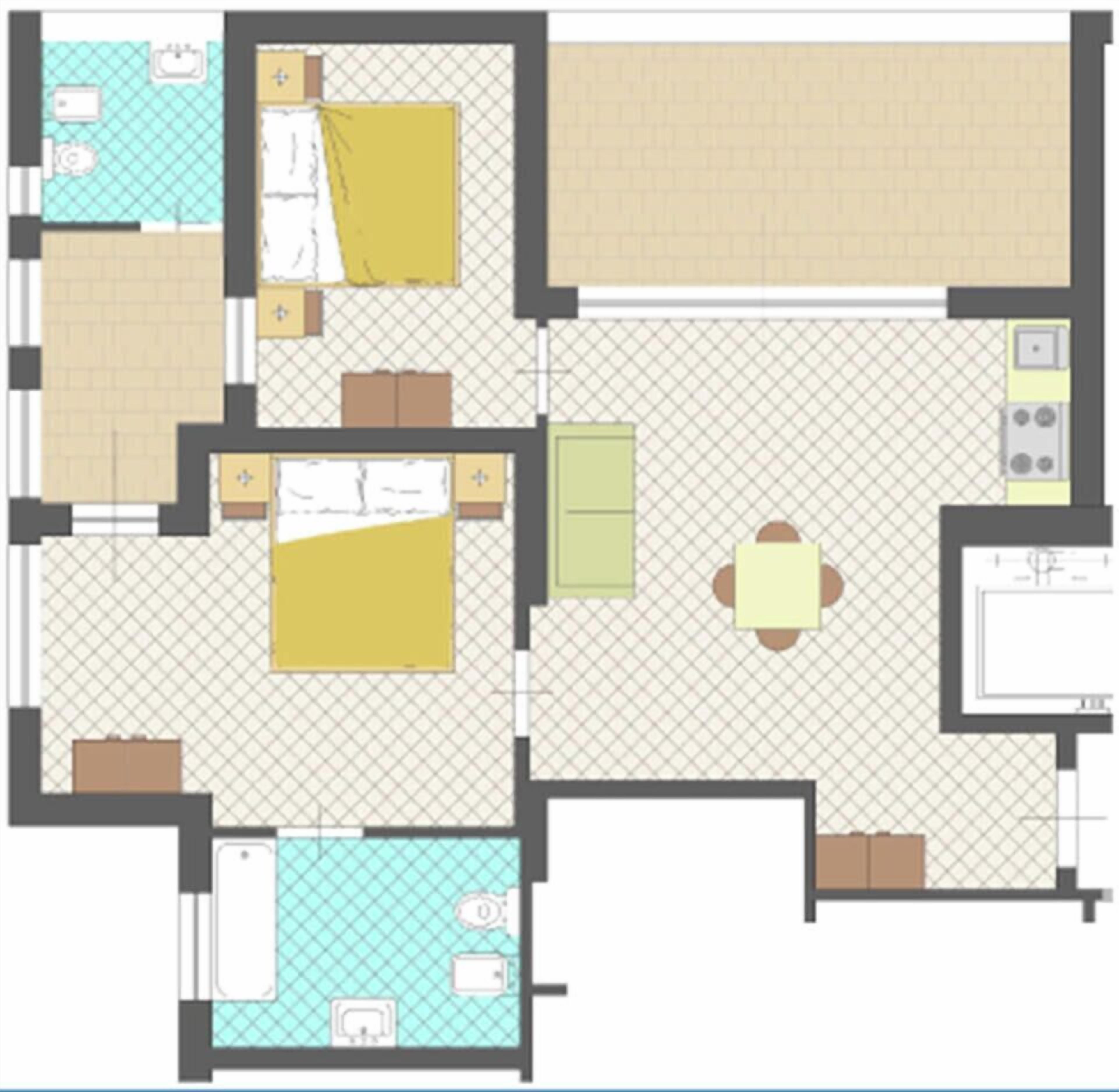 Un plan d’étage d’une chambre d’hôtel comprenant une salle de bain, un coin cuisine, un espace repas et un lit.