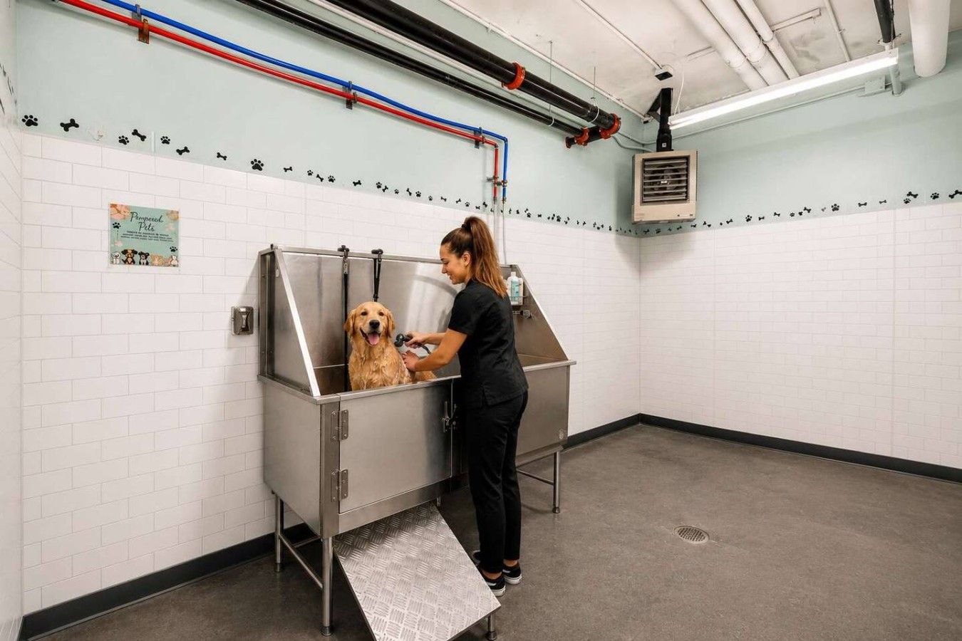 A grooming station with a dog and a person grooming it.