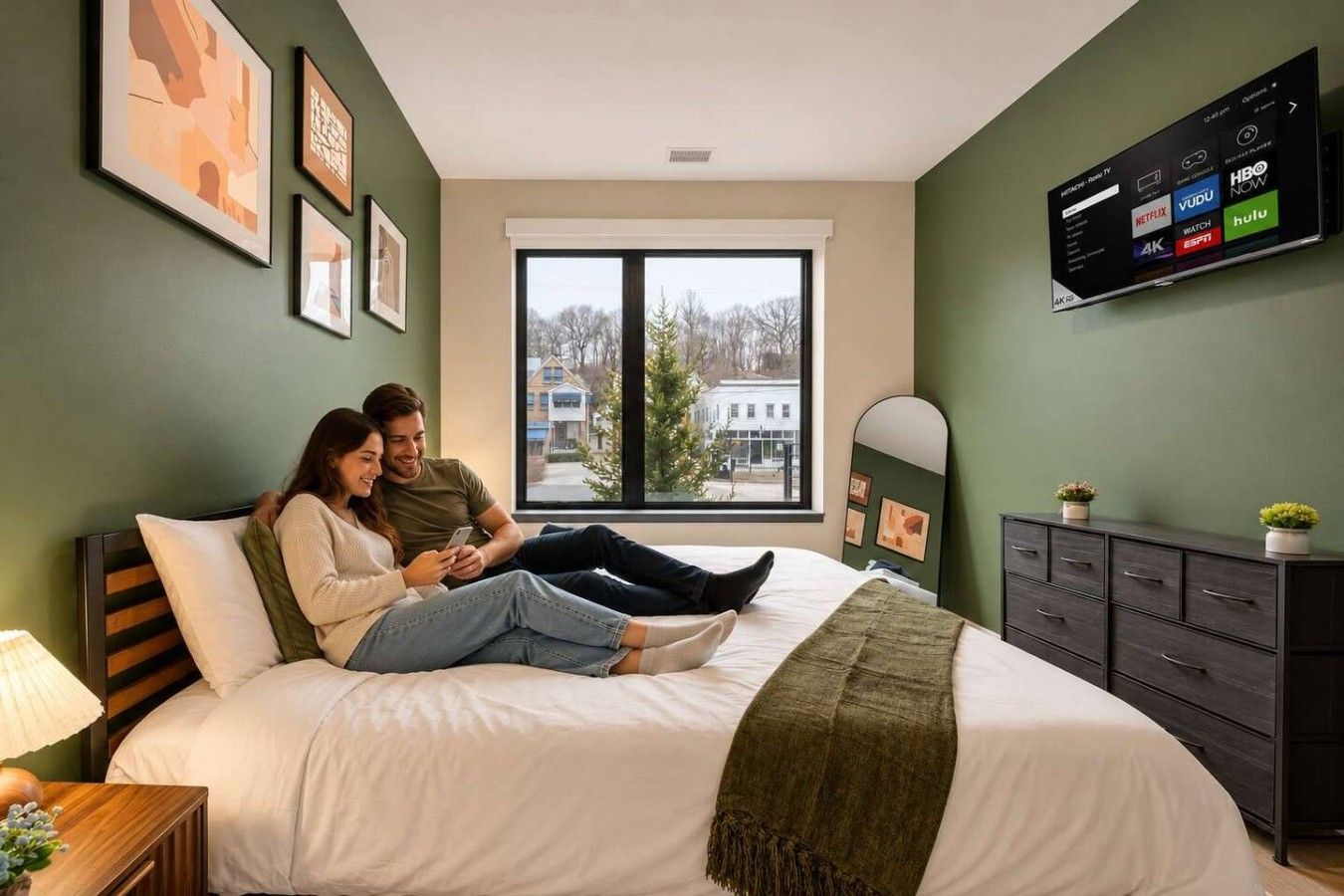 Une chambre à coucher avec un lit, un téléviseur fixé au mur et une fenêtre donnant sur les bâtiments environnants.