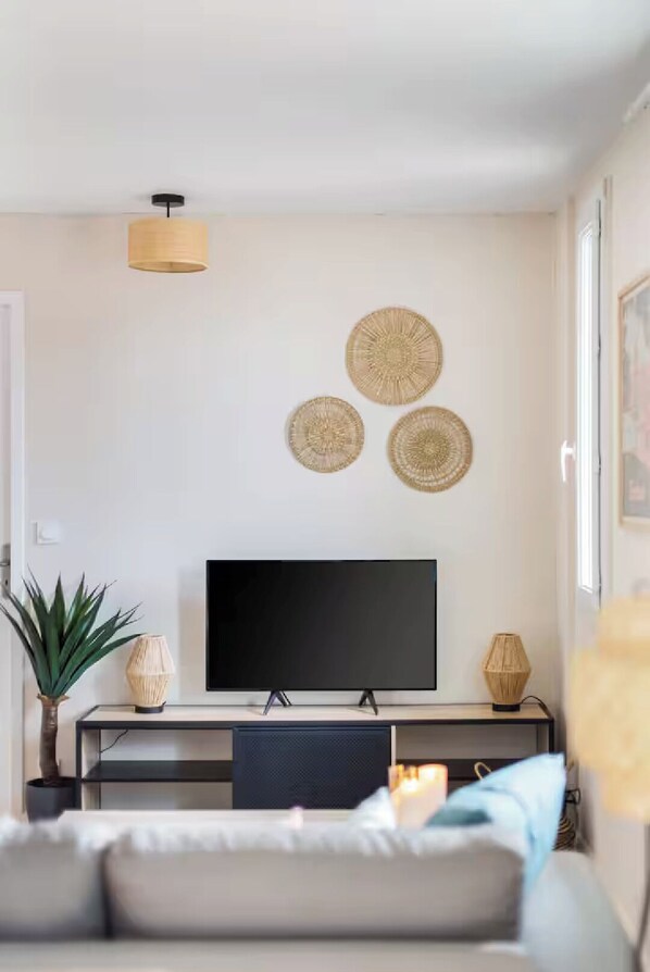 Una televisión, libros, una pantalla de ordenador