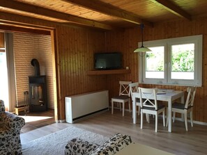 Smart TV, fireplace, books