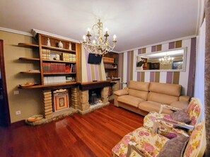 A living room with a fireplace, a sofa, a television, and a bookshelf. - La Casa de Lorenzo, complete & practical accommodation. In Laguardia center! (Laguardia)
