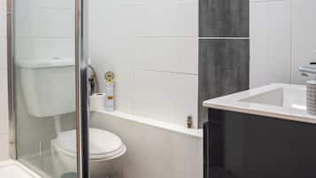 Hair dryer, towels, soap, toilet paper