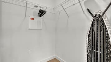 Desk, laptop workspace, blackout curtains, iron/ironing board