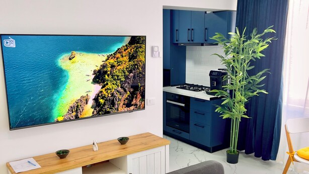 Une chambre d’hôtel moderne équipée d’un lit, d’un téléviseur diffusant des images de paysages, d’un coin cuisine et d’une plante en pot.
