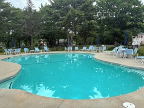 Ein Schwimmbecken mit blauen Liegestühlen und Sonnenschirmen, umgeben von Bäumen und einem Zaun.