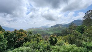 Vista panorámica de un paisaje montañoso con campos en terrazas y edificios dispersos.