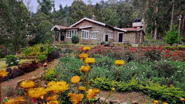 Una casa de piedra con jardín delantero, rodeada de árboles.