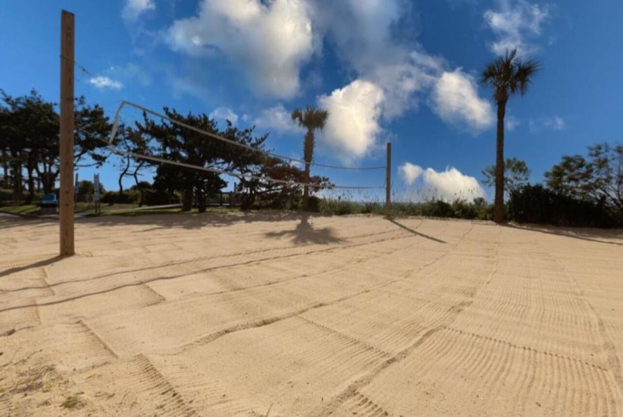A sandy volleyball court with a net, surrounded by trees and a clear sky.