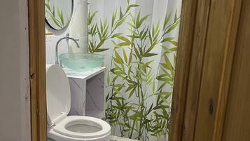 Douche, serviettes fournies, savon, papier toilette