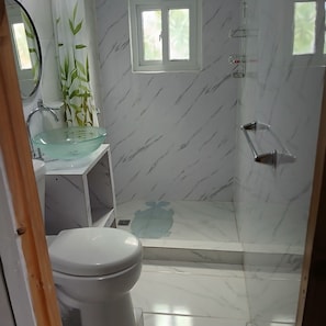 Shower, towels, soap, toilet paper