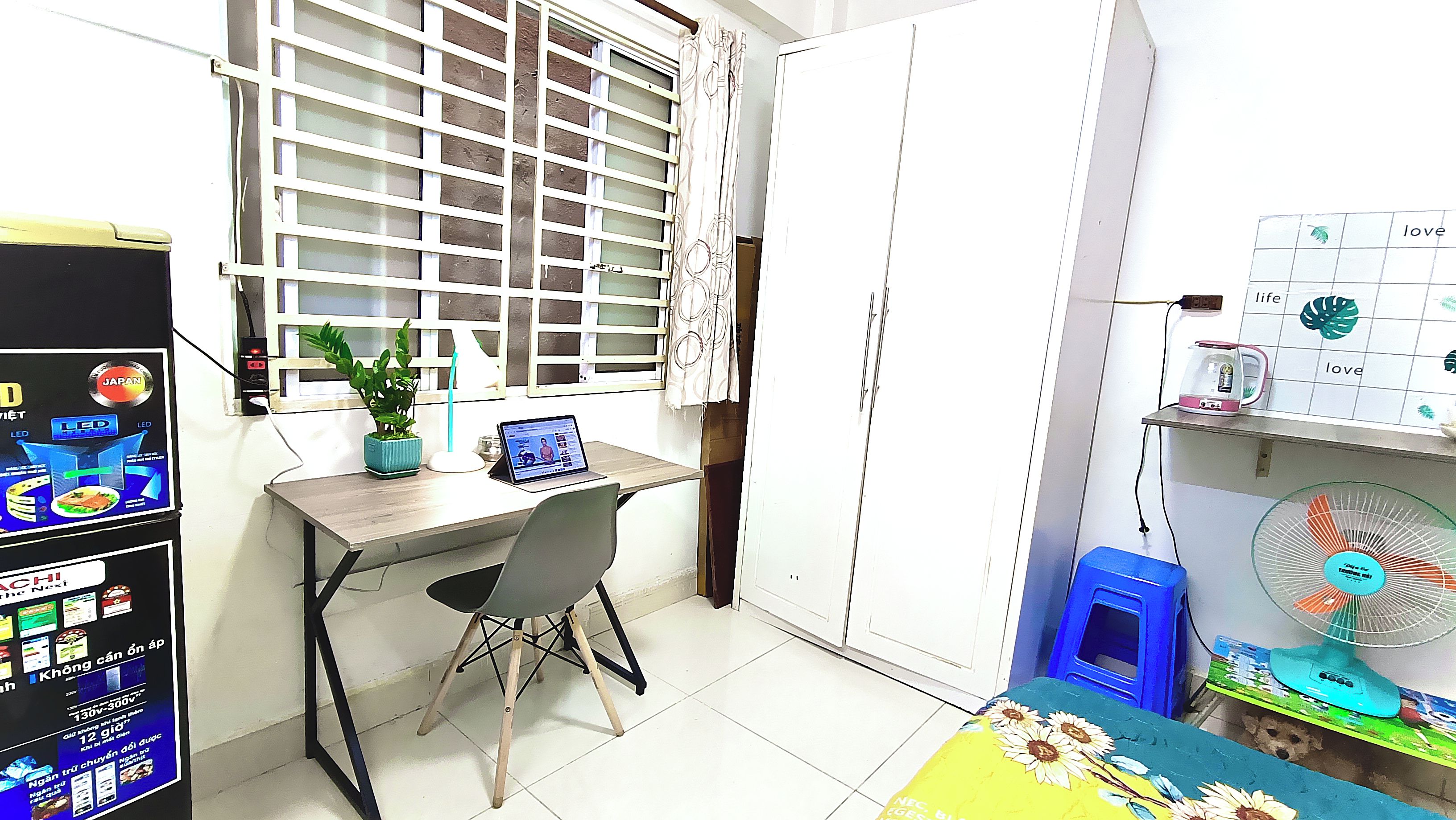 A compact room with a desk, chair, potted plant, and a small fan.