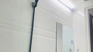 Un baño con ducha, lavabo, espejo y repisa de vidrio con una planta.