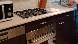 Una cucina moderna con piano cottura a gas, forno e cappa aspirante in acciaio inox.