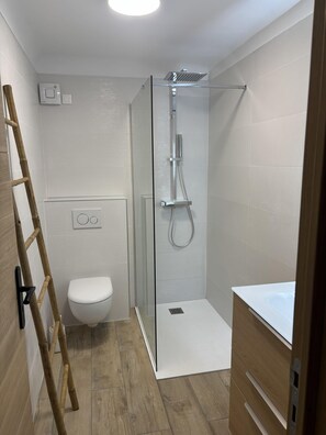 Regadera, toallas, papel de baño 