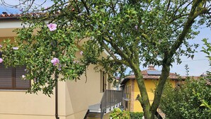 Ein gepflasterter Innenhof mit Baum, Treppe und einem Gebäude mit gelber Fassade und Ziegeldach.