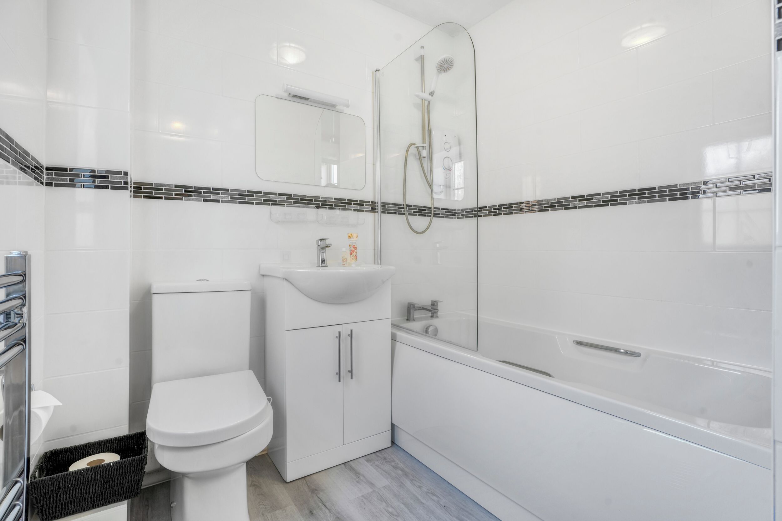 Hair dryer, towels, soap, toilet paper