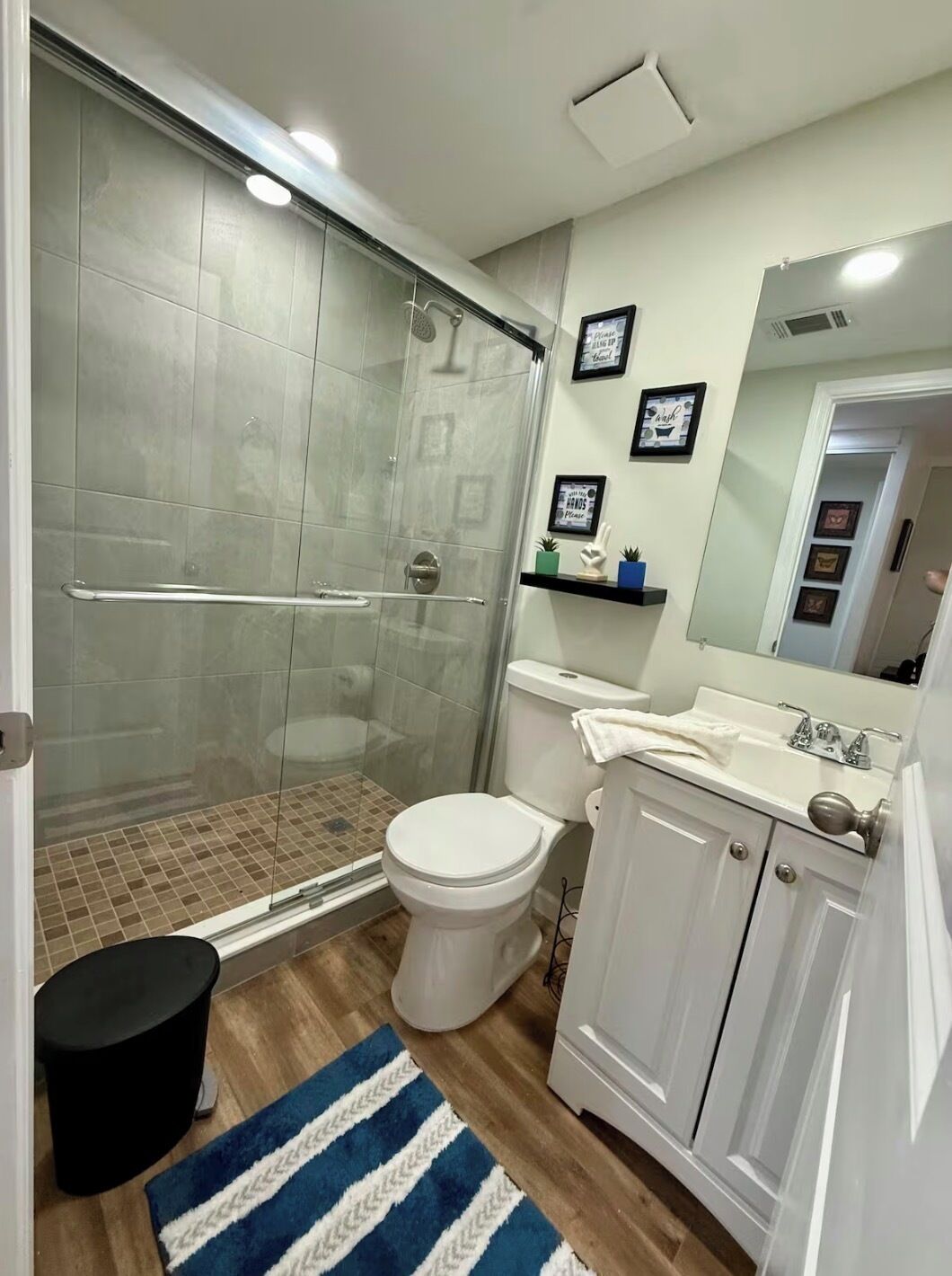 Hair dryer, towels, soap, toilet paper