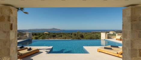 Outdoor pool, pool umbrellas, sun loungers