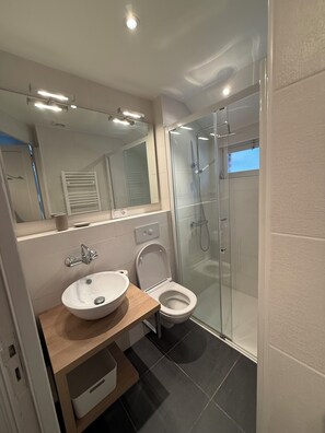 Shower, hair dryer, towels, toilet paper