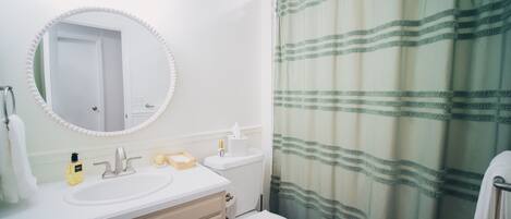 Shower, towels, soap, toilet paper