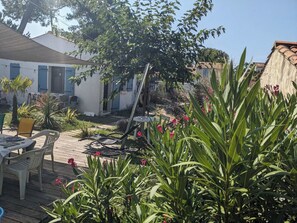 Eine Terrasse mit Tisch und Stühlen, umgeben von Blumentöpfen und einem Baum.