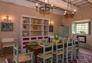 Dining - La Scorticata. Elegant family house with swimming pool, surrounded by oak trees. (Cura di Vetralla)