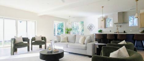 Smart TV, fireplace, books