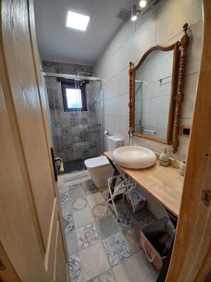 Hair dryer, towels, soap, toilet paper